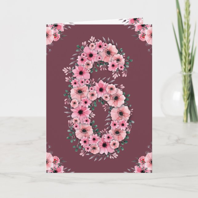 Carte Gros 6 Anniversaire Fleurs Roses Fleurs Vertes Fil (Devant)