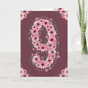 Carte Gros 9 Anniversaire Fleurs Roses Fleurs Vertes Fil