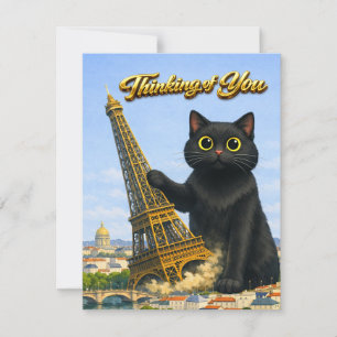 Carte Gros Chat Noir Renverse la Tour Eiffel en Pensant