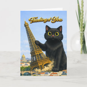 Carte Gros Chat Noir Renverse la Tour Eiffel en Pensant