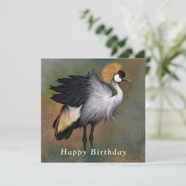 Carte Grue couronnée grise Joyeux Anniversaire (Debout devant)