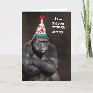 Carte Grumpy Gorilla in Party Hat Birthday Personalized