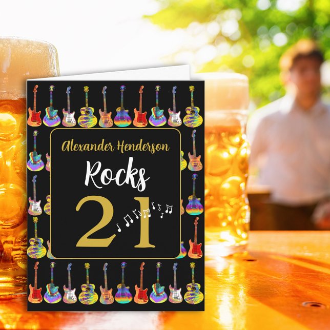 Carte Guitare 21e anniversaire Noir et Or (Guitar 21st birthday personalized black and gold greeting card for him)
