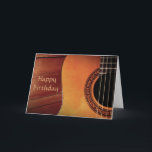 Carte Guitare acoustique en bois Joyeux anniversaire<br><div class="desc">avec une belle photo design d'un instrument acoustique en bois de guitare contre un arrière - plan de parquet et logo Happy Birthday. Ce design élégant et arty conviendra à tous ceux qui aiment la musique,  la musique classique ou la guitare.</div>