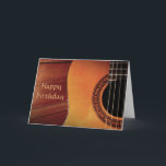 Carte Guitare acoustique en bois Joyeux anniversaire<br><div class="desc">avec une belle photo design d'un instrument acoustique en bois de guitare contre un arrière - plan de parquet et logo Happy Birthday. Ce design élégant et arty conviendra à tous ceux qui aiment la musique,  la musique classique ou la guitare.</div>