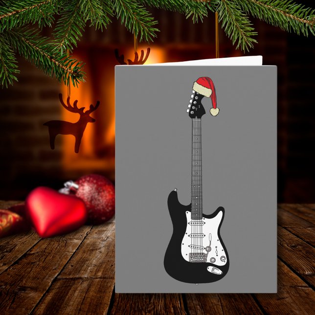 Carte Guitare cool Père Noël (Cool black and white christmas guitar stylish modern music themed holiday card)