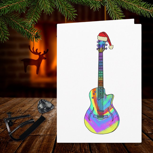 Carte Guitare de Noël portant un chapeau de Père Noël (Christmas guitar holiday greetings folded card colorful psychedelic electric guitar )