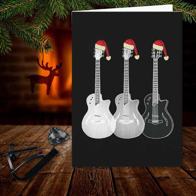 Carte Guitare de Noël Santa Noir et Blanc (Cool guitar Black and white music themed holiday card)