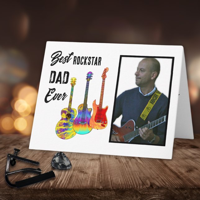 Carte Guitare du jour du père Papa Photo personnalisée (Best rockstar dad ever custom photo Father’s Day greetings card)