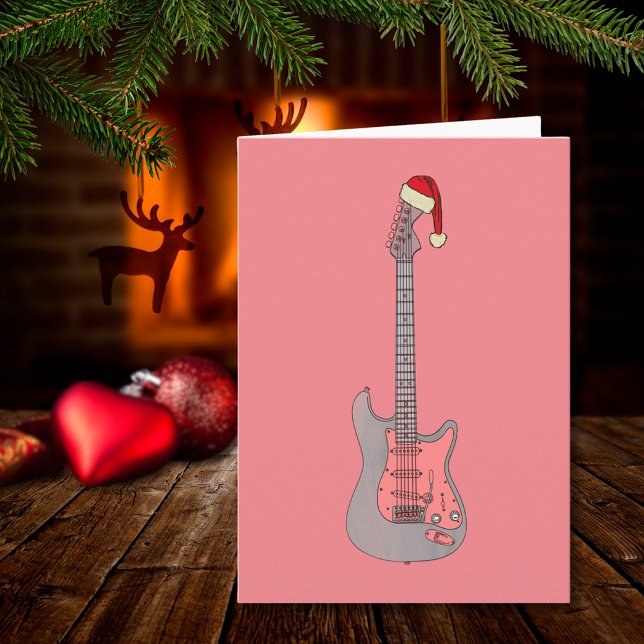 Carte Guitare Électrique Cool Santa Rose (Cool pink and gray christmas guitar stylish minimalist holiday greetings card)