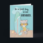 Carte Guy Birthday Beach Funny Cool Raccoon<br><div class="desc">Cette carte serait géniale pour un cool qui aime aller surfer. Il adorera certainement le raton laveur sur le devant de cette carte. Bientôt,  ils deviendront certainement des compagnons de surf et chevaucheront côte à côte les vagues.</div>