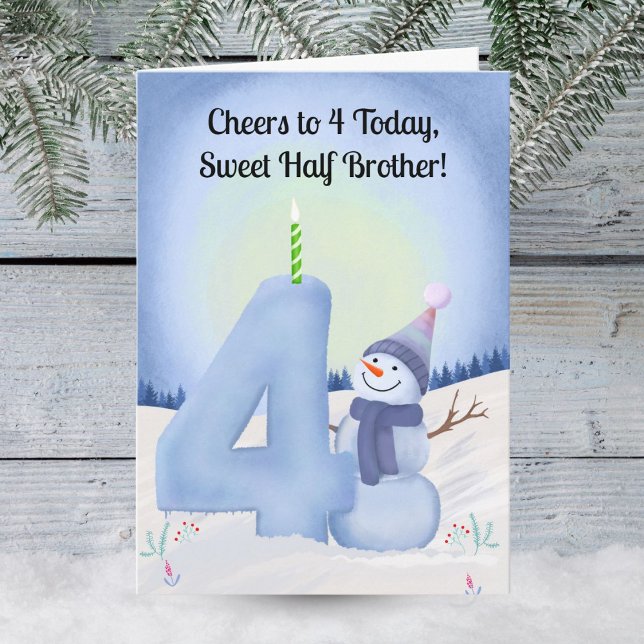 Carte Half Brother 4th Birthday Snowman with Snowy Four (Créateur téléchargé)