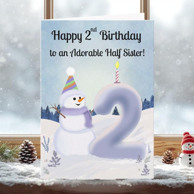 Carte Half Sister Happy 2nd Birthday Snowman Building (Créateur téléchargé)