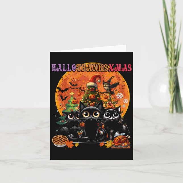 Carte Hallothanksxmas Chat Noir Halloween Thanksgiving (Devant)