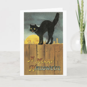 Carte Halloween à l'ancienne, chat noir et pleine lune