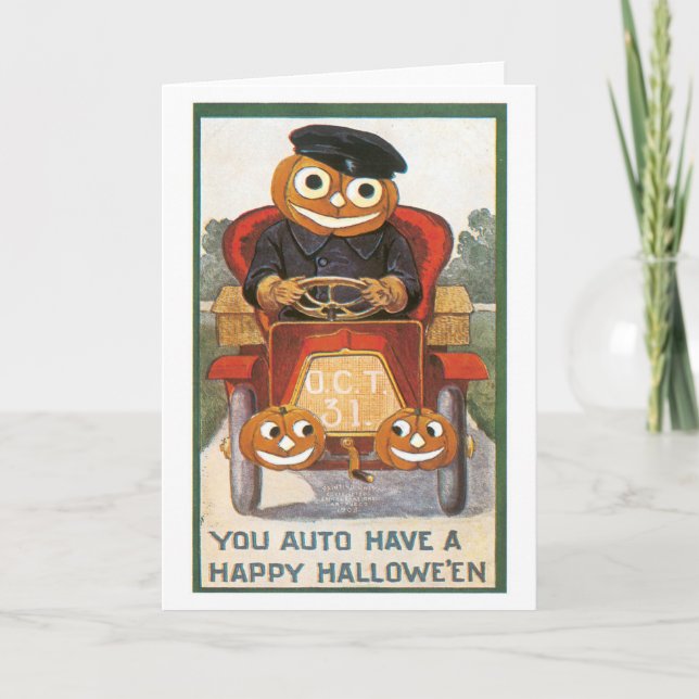Carte Halloween à l'ancienne, chauffeur Citrouille (Devant)