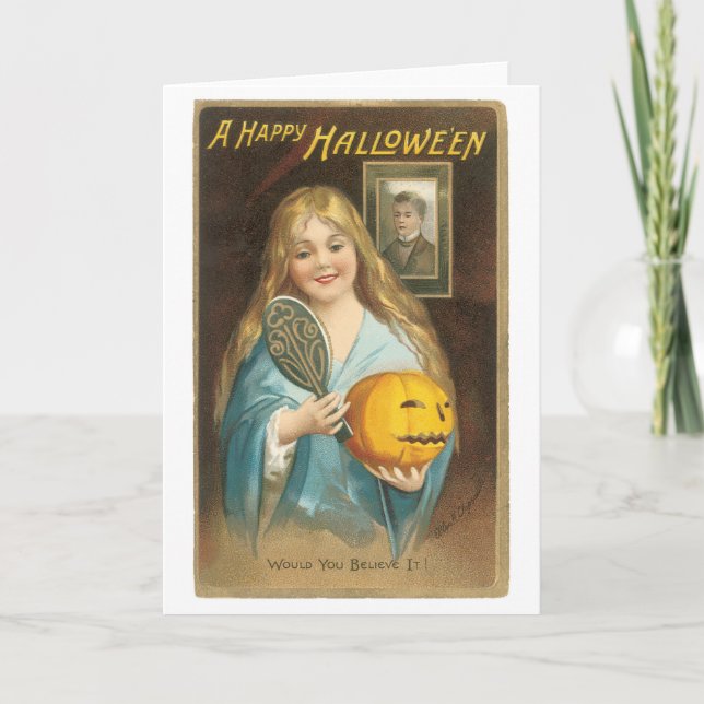 Carte Halloween à l'ancienne, Fille avec miroir main (Devant)