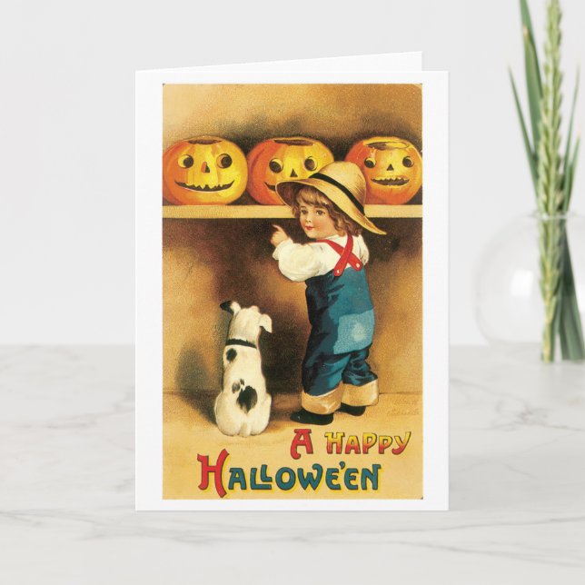 Carte Halloween à l'ancienne, garçon avec chiot (Devant)