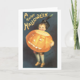 Carte Halloween à l'ancienne, Garçon tenant Citrouille