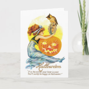 Carte Halloween à l'ancienne, la fille à la chouette