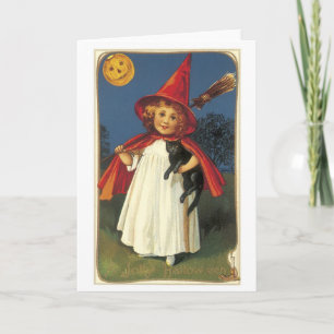 Carte Halloween à l'ancienne, sorcière fille avec chat n