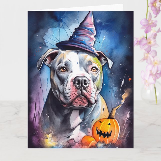Carte Halloween American Staffordshire avec citrouilles (Orchidée)