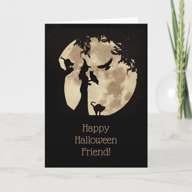 Carte Halloween Ami Whimsical Witch Chats Owl Raven (Devant)