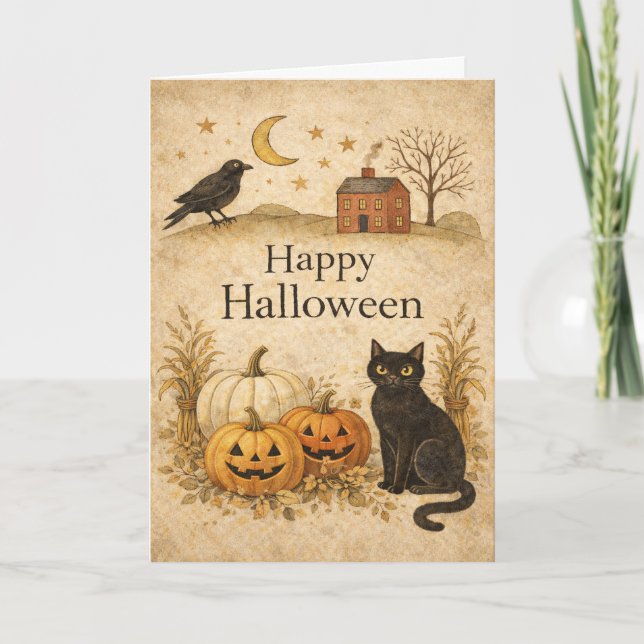 Carte Halloween Art Populaire Chat Noir Primitif (Devant)