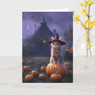 Carte Halloween avec chat mignon et manoir d'horreur Cit