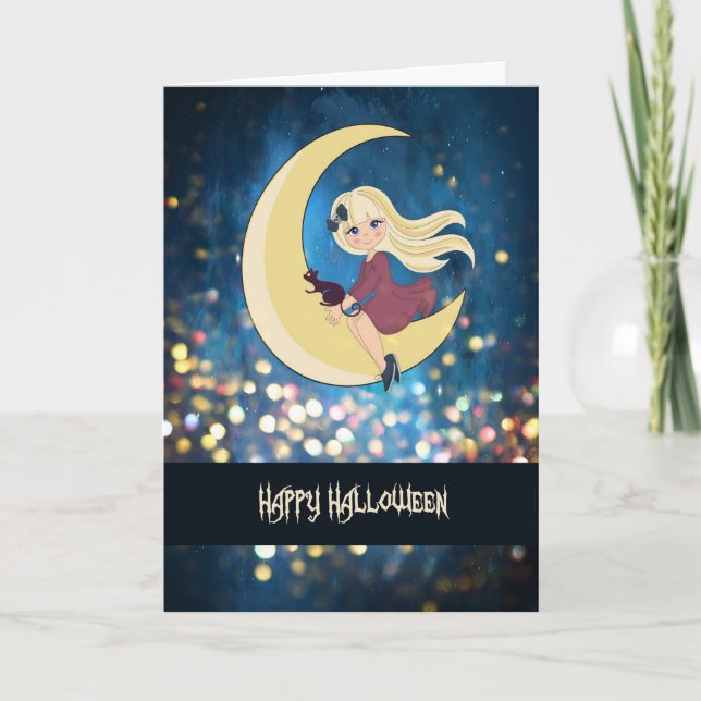 Carte Halloween avec Jolie Sorcière & Chat pour en (Devant)