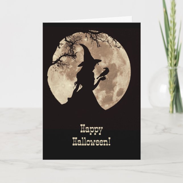 Carte Halloween avec Jolie Sorcière et Raven Silhouetté (Devant)