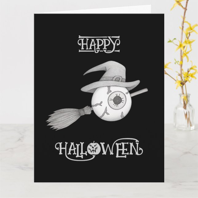 Carte Halloween balai sorcière et globe oculaire effraya (Fleur jaune)