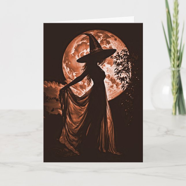 Carte Halloween belle sorcière Silhouetté en Orange (Devant)