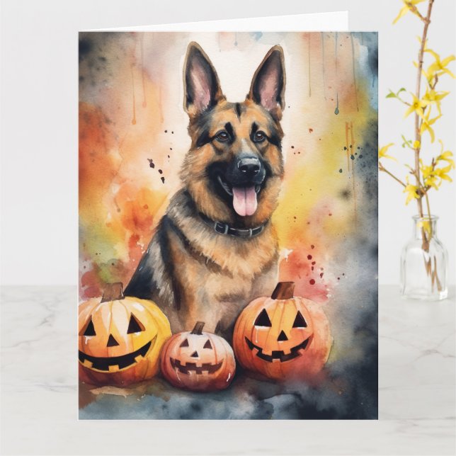 Carte Halloween Berger Allemand avec citrouilles épouvan (Fleur jaune)