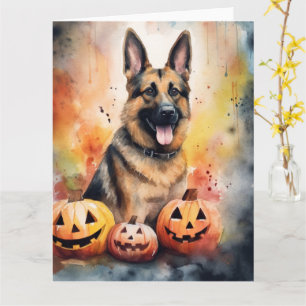 Carte Halloween Berger Allemand avec Citrouilles Épouvan