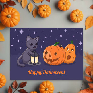 Carte Halloween Black Cat, Pumpkins, Lantern on Purple