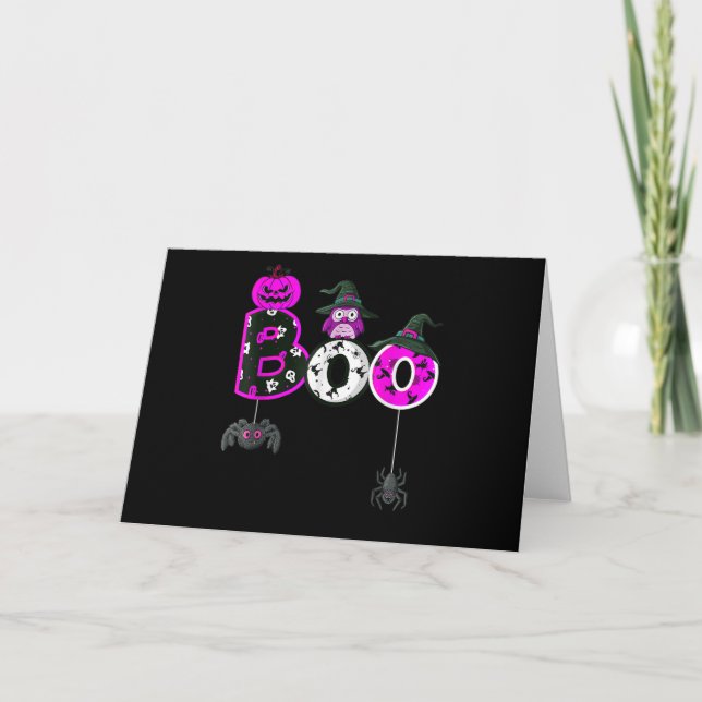 Carte Halloween Boo Owl Avec Sorcière Casquette Araignée (Devant)