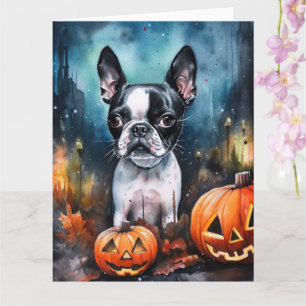 Carte Halloween Boston Terrier avec la peur Citrouille