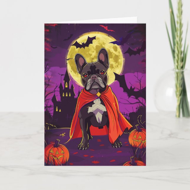 Carte Halloween Bouledogue Français Vampire Citrouilles  (Devant)