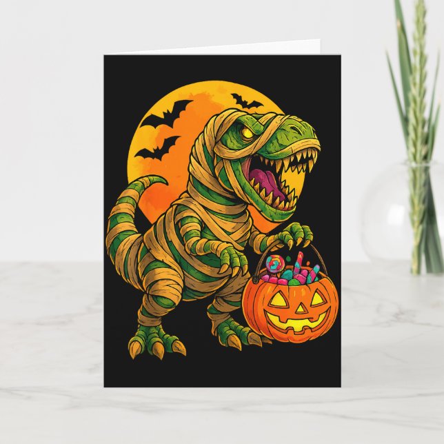 Carte Halloween Boys Dinosaur Mummy T Rex Y Pumpkin Moon (Devant)