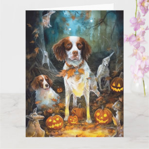 Carte Halloween Brittany Spaniel avec citrouilles effray