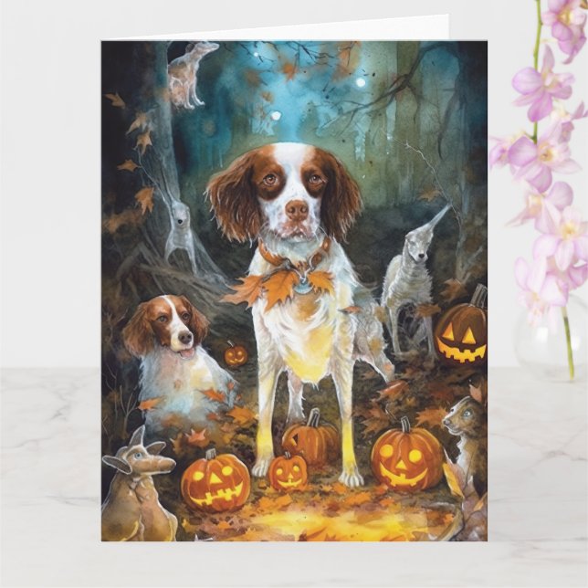 Carte Halloween Brittany Spaniel avec citrouilles effray (Orchidée)