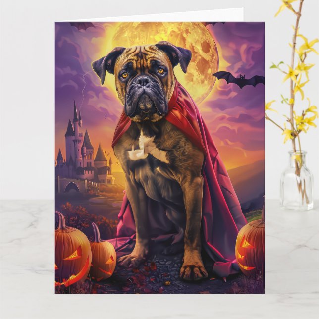 Carte Halloween Bullmastiff Vampire Citrouilles effroi (Fleur jaune)