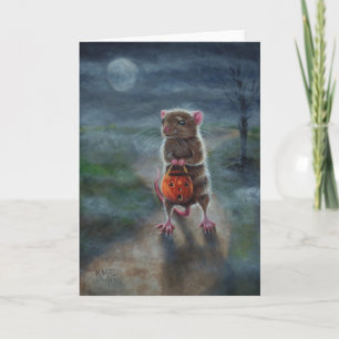 Carte Halloween card Rat Pumpkin basket full moon fog