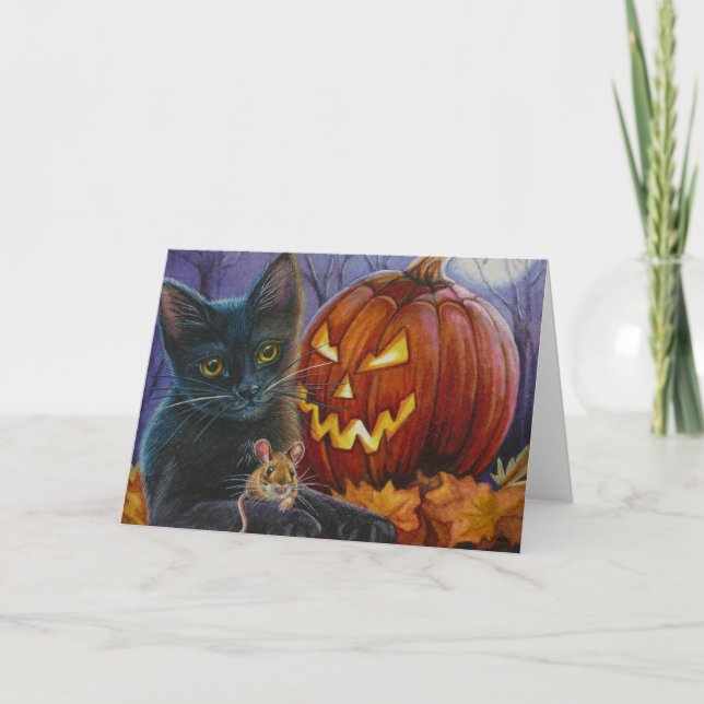 Carte Halloween Chat et Souris No. 2 Aquarelle Art (Devant)