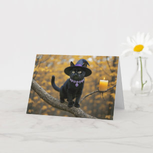 Carte Halloween Chat Kitten noir avec Casquette sorcier 