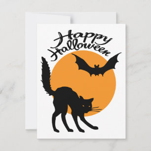 Carte Halloween chat noir et chauve-souris avec lune, ha