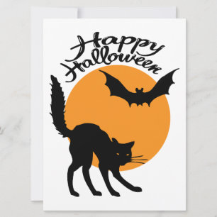 Carte Halloween chat noir et chauve-souris avec lune, ha