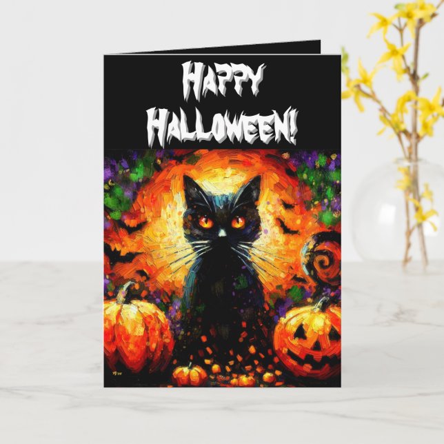 Carte Halloween Chat noir et Jack-O Lanterns Personnalis (Fleur jaune)