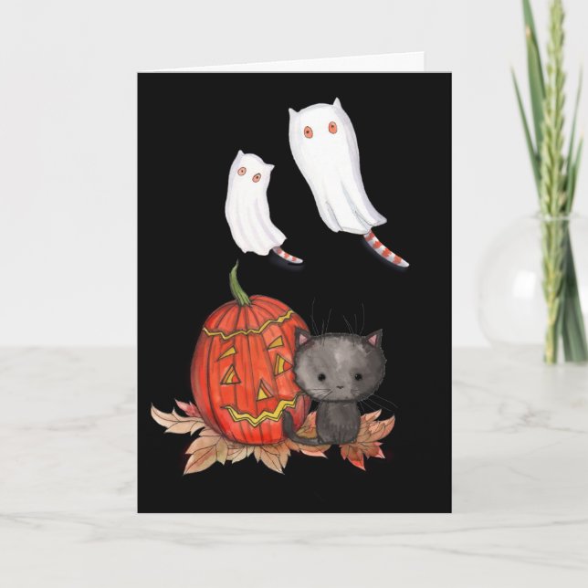 Carte Halloween Chat Noir Fantôme Chats Mignons ! (Devant)